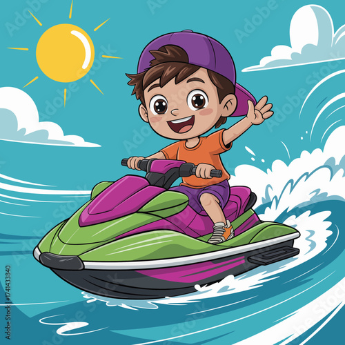 A joyful boy rides a colorful jet ski on vibrant blue waters, waving to the viewer while the sun shines brightly, capturing the essence of summer adventures and carefree fun.