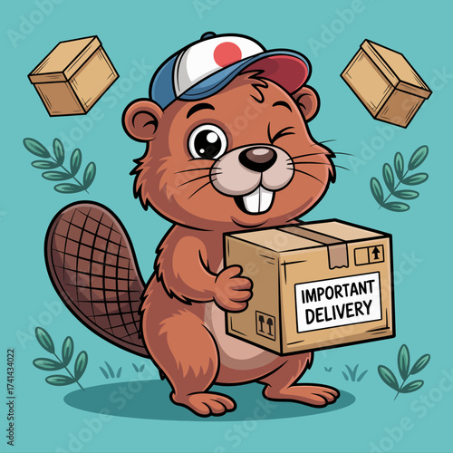 A cute beaver is joyfully holding a box marked 'Important Delivery', showing excitement and playfulness as it prepares to deliver its message in a charming manner.