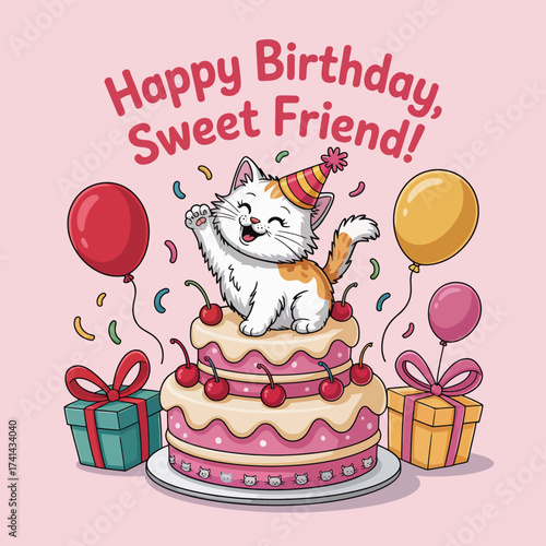 A joyful cat wearing a party hat happily poses on a multi-layer birthday cake adorned with cherries, balloons, and festive decorations, celebrating friendship and joy.
