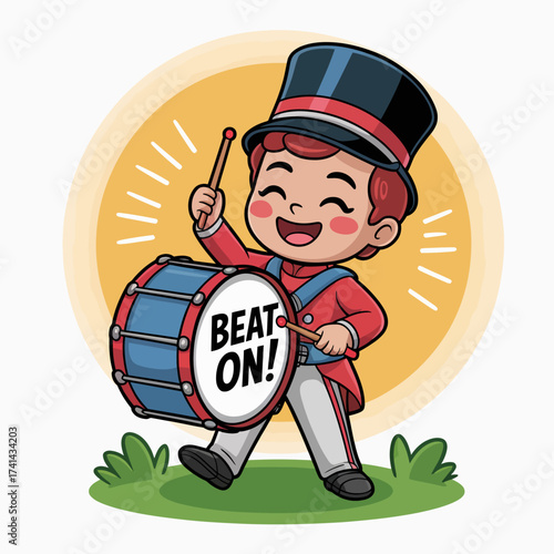 A cheerful cartoon character dressed as a drummer enthusiastically playing a drum, representing creativity and the joy of music and performance in an artistic manner.