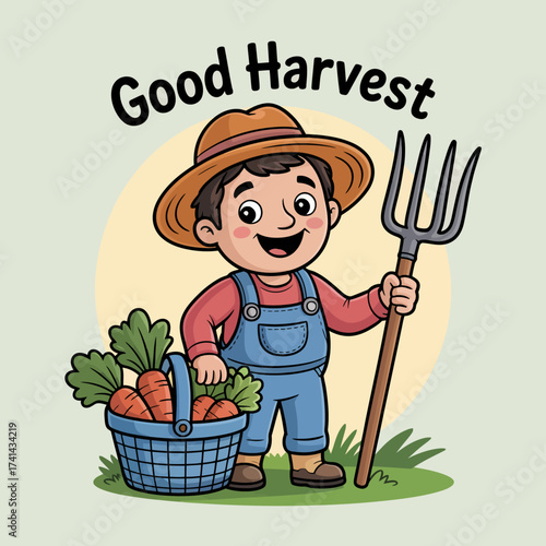 A cheerful boy wearing overalls and a hat holds a fork in one hand and a basket of freshly harvested carrots in the other, celebrating the joy of farming and nature.