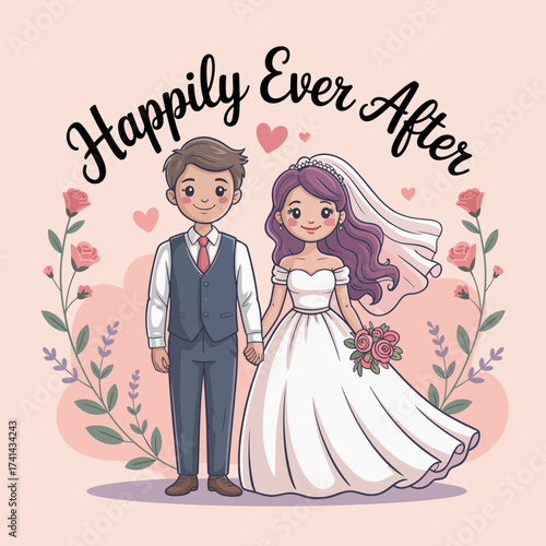 A delightful illustration of a couple dressed in wedding attire holding hands, symbolizing love and unity, perfect for celebrating romance and special occasions.