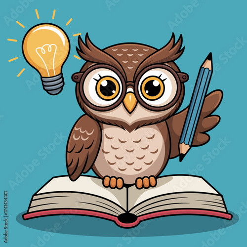 This charming owl, holding a pencil and a light bulb, symbolizes wisdom and knowledge as it perches on an open book, embodying the essence of learning.