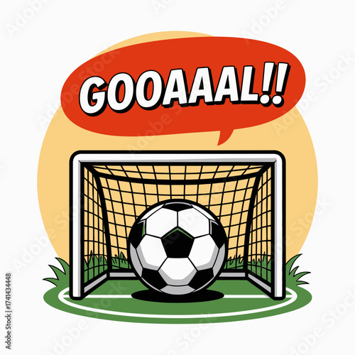 A vibrant soccer goal scene featuring a black-and-white ball seemingly entering the net with an excited shout of 'GOOOAAAL!!', capturing the essence of sports enthusiasm.