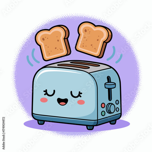 A cheerful blue toaster with two slices of toast popping up, showcasing a playful and whimsical kitchen gadget that brings warmth and joy to breakfast time.