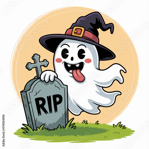 A playful, cartoonish ghost wearing a witch hat leans cheerfully against a tombstone, capturing the fun spirit of Halloween in a light-hearted, whimsical design.