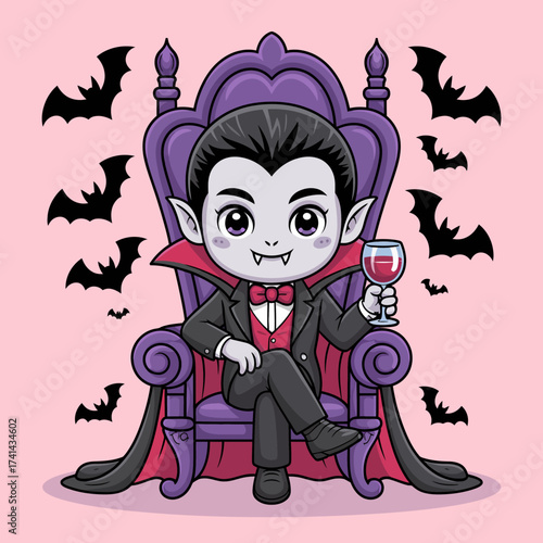 This captivating image features a charming vampire sitting in an elegant throne, embodying the allure of Halloween and the mystical charm of classic horror themes.