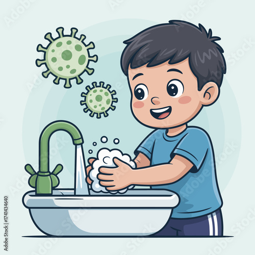 A young boy happily washing his hands under running water, illustrating the importance of hygiene in a playful manner while virus symbols float nearby reminding viewers of health.