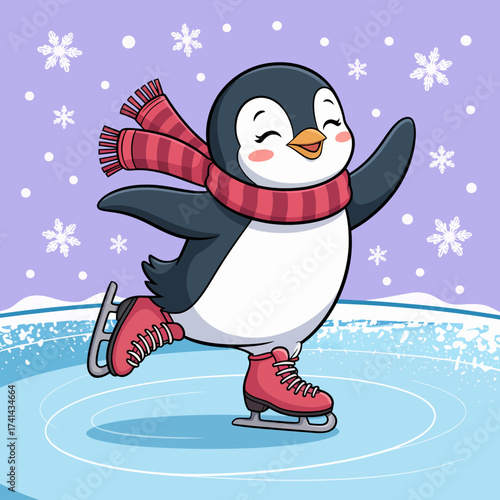 A delighted penguin ice skating gracefully on a frozen lake, surrounded by snowflakes, showcasing a fun winter activity full of energy and joy.