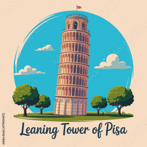The iconic Leaning Tower of Pisa stands tall amidst lush greenery and a bright blue sky, showcasing its distinctive tilted architecture in a serene setting.