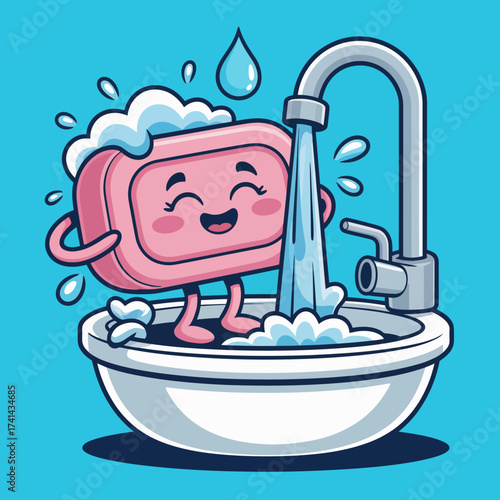 A cheerful soap character joyfully plays in a bubbly bath while water splashes around, representing cleanliness and fun in a cute, cartoonish style.