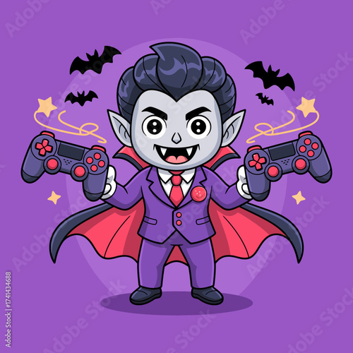 This playful vampire character, dressed in a suit and holding gaming controllers, perfectly illustrates the fun intersection of fantasy and gaming culture.
