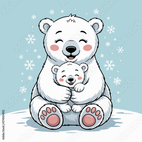 This heartwarming image depicts a mother polar bear cuddling her cub in a snowy setting, symbolizing warmth, love, and family bonds amidst the winter chill.
