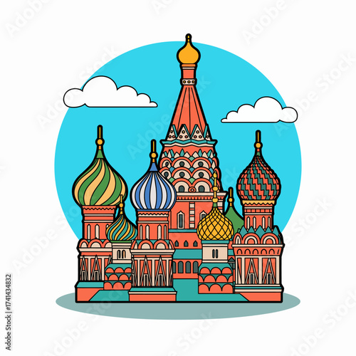 A vibrant illustration of St. Basil's Cathedral featuring its iconic colorful domes and architectural details, representing Russia's rich history and cultural heritage.