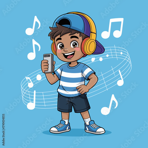 A stylish boy happily listens to music on his phone while wearing bright headphones, encapsulating youth culture and enjoyment in a vibrant and modern style.