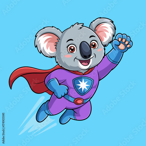A joyful koala in a superhero costume soars through the sky, symbolizing playfulness, adventure, and the thrill of imaginative scenarios in a fun, cartoonish style.