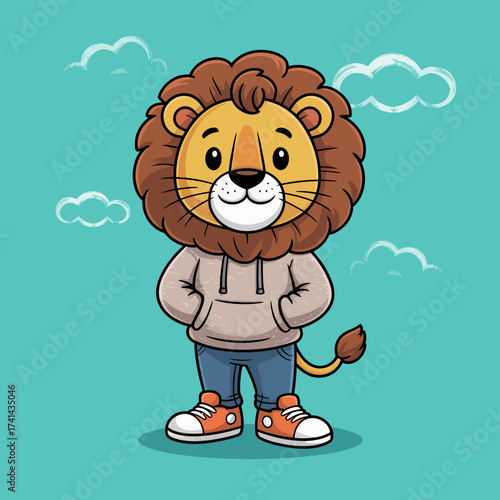 A playful lion character, clad in a hoodie and jeans, adorned with a vibrant mane, perfect for illustrating themes of confidence, youthfulness, and individuality.