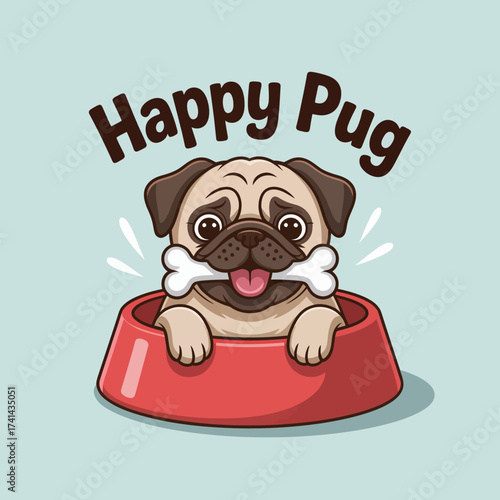 This cheerful illustration of a pug happily sitting in its food bowl with a bone captures the essence of joy, companionship, love for pets, and the bond between animals and humans.