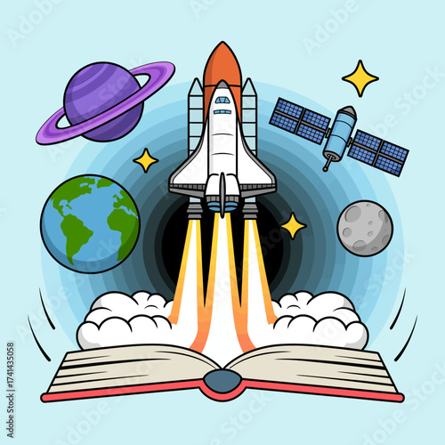 An imaginative scene of a rocket launching into outer space from an open book, symbolizing the exploration of knowledge, dreams, and the universe beyond our world.