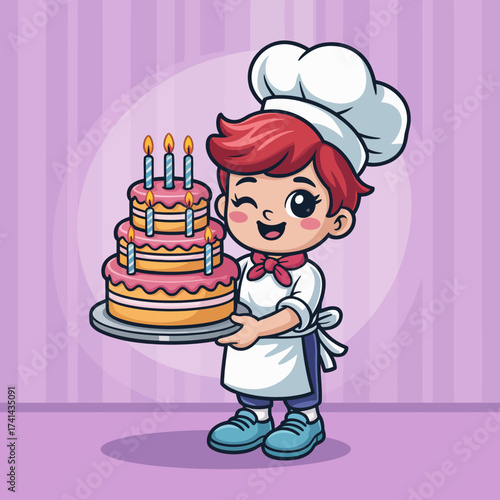 An enthusiastic young chef proudly stands with a delicious layered birthday cake adorned with candles, showcasing their baking skills in a playful and charming atmosphere.
