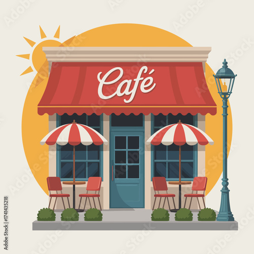 This picturesque café scene features inviting outdoor seating under a bright sun, creating an ideal atmosphere for relaxation, socializing, or enjoying a casual meal.