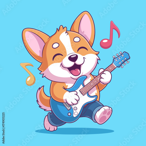 A charming corgi plays a blue guitar while radiating happiness, representing joyfulness, playfulness, and a love for music in this delightful, cartoonish artwork.