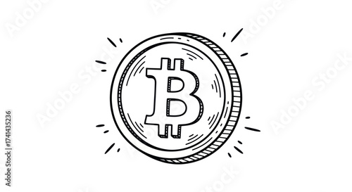 Hand-drawn sketch of a Bitcoin cryptocurrency coin with radiating lines.