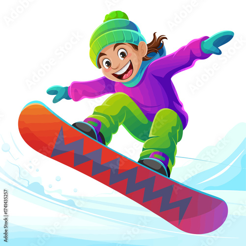 A young snowboarder showcasing impressive skills while gliding effortlessly down snowy slopes, wearing vibrant attire and radiating excitement and joy.