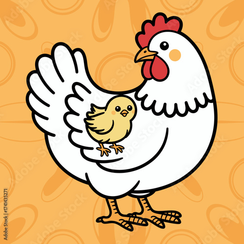 A delightful scene featuring a mother hen proudly standing with her small chick, symbolizing nurturing and family bonds in an adorable chicken illustration.