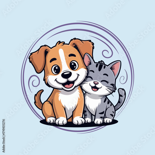 A cheerful dog and cat share a warm moment, highlighting their friendship with bright, expressive features against a soft background, ideal for pet lovers and companionship themes.