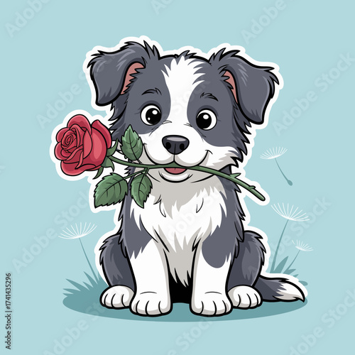 A charming puppy sitting with a rose in its mouth exudes a sense of cuteness and affection, portraying the bond between pets and their owners in a heartwarming way.