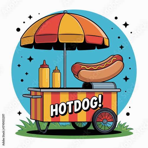 A fun and vibrant hotdog cart under a traditional umbrella showcases a delicious range of snacks, capturing outdoor food culture and excitement in a lively and cheerful illustration.