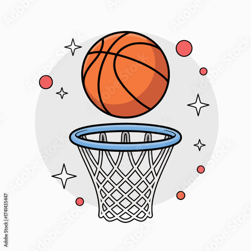 A vibrant basketball soaring through the air above a hoop, capturing the excitement and energy of the sport, surrounded by a galaxy of colorful stars and fun graphics.