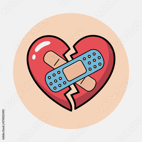A visually striking illustration of a broken heart adorned with band-aids, representing love, healing, and emotional recovery, perfect for relationship-themed products.