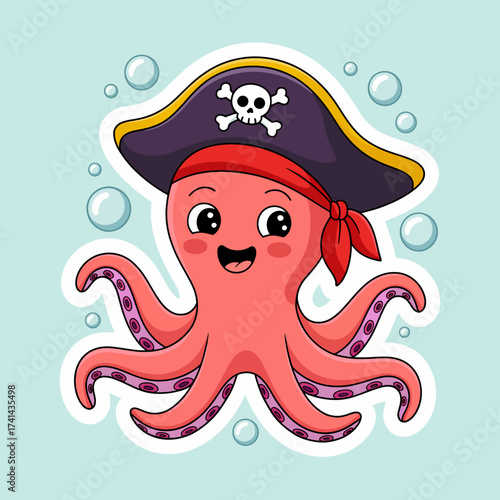 A joyful octopus dressed as a pirate wearing a hat, featuring a big smile and playful expression, making it a perfect representation of fun and adventure under the sea.