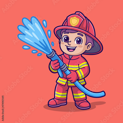 This vibrant illustration of a young firefighter joyfully spraying water represents courage and heroism, making it an ideal image for educational materials about safety and community service.