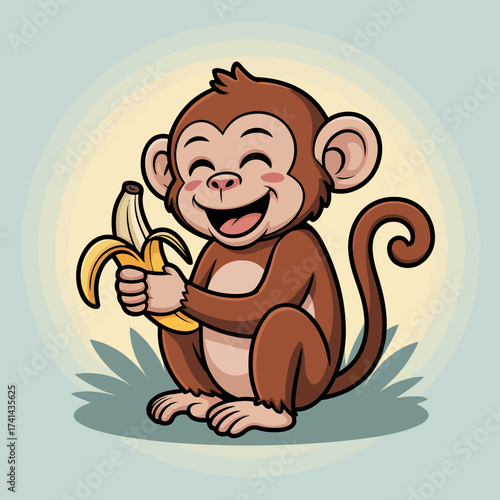A cute monkey, grinning joyfully while holding a banana, represents happiness and playfulness, emphasizing the simplicity of life's pleasures in a warm, inviting atmosphere.