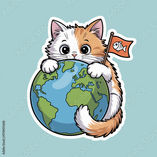An adorable cat playfully embraces a globe while proudly holding a flag with a fish, symbolizing curiosity and a love for the planet in a charming and colorful design.