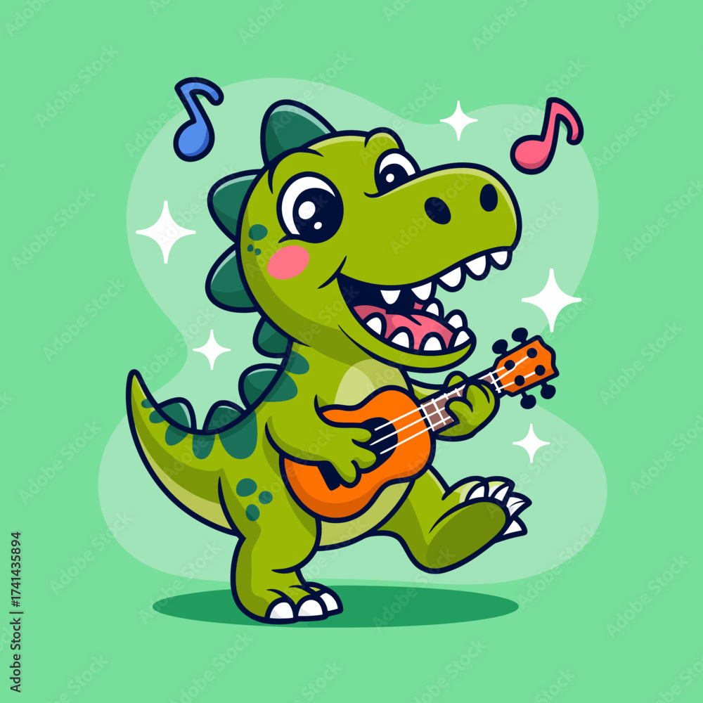 Obraz premium A fun-loving dinosaur joyfully plays a ukulele surrounded by musical notes, exhibiting a lively spirit and a whimsical take on prehistoric life, enchanting both kids and adults alike.
