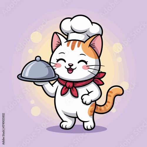 A delightful cat wearing a chef hat and red scarf proudly holds a silver cloche, showcasing its culinary expertise in a cheerful kitchen environment, evoking joy and creativity in cooking.