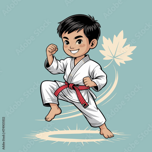 A determined child practicing martial arts with a powerful stance and a red belt, emphasizing discipline, sportsmanship, and the joy of physical activity.