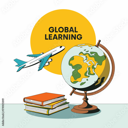 An illustration featuring an airplane flying over a globe, emphasizing the concept of global learning and connecting educational experiences from around the world for all.