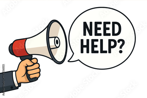 Need help question in speech bubble with hand holding megaphone. Concept for support, assistance, and FAQ. Loudspeaker for business communication, marketing and advertising.