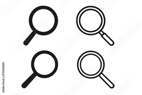 Magnifying glass icon set. Vector magnifier loupe sign for search, find, zoom. Research, analysis, discovery symbol. Simple flat linear outline pictogram for web and mobile UI.