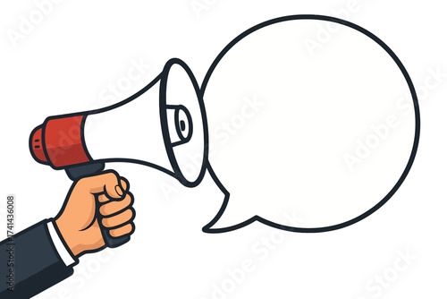 Hand holding megaphone with speech bubble. Business, marketing, advertising concept. Loudspeaker for announcement. Q&A, FAQ, asking questions. Communication, alert, attention.