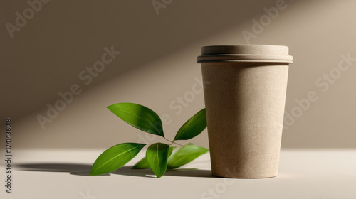 Compostable coffee cup with green leaf in minimalist style with soft shadow on clean background, eco-friendly sustainable product mockup for biodegradable beverage container and organic lifestyle