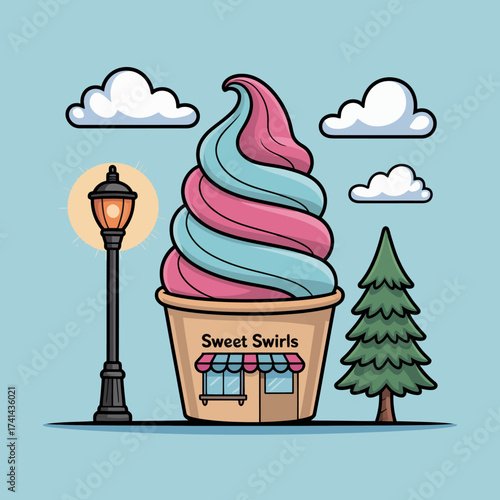 A whimsical ice cream shop showcases a large swirled cone with colorful ice cream, set against a bright blue sky, representing fun, happiness, and summer joy.