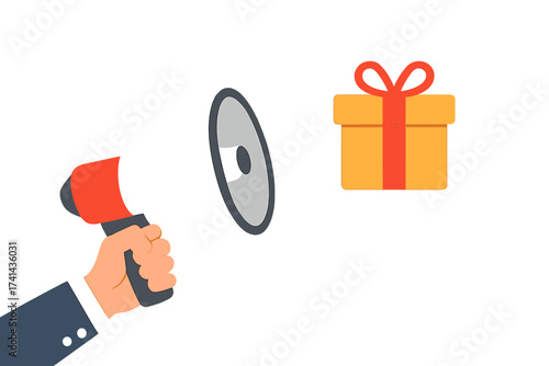 Male hand holding megaphone with gift box in speech bubble. Loudspeaker announcing a prize. Concept for marketing, advertising, promotion, giveaway, bonus and special offer.