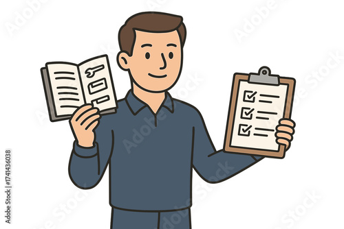 Man holds instruction manual and checklist. Worker showing completed tasks. Quality control, inspection, regulations, guide, paperwork. Vector character illustration.