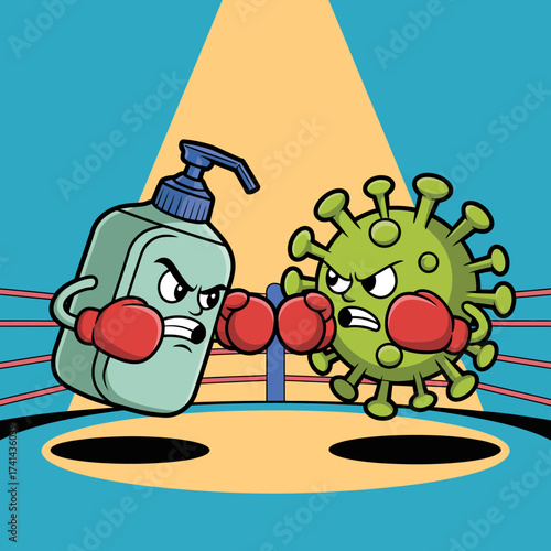 A hand sanitizer in boxing gloves faces off against a cartoon virus character, emphasizing the ongoing battle against germs and the importance of hygiene.